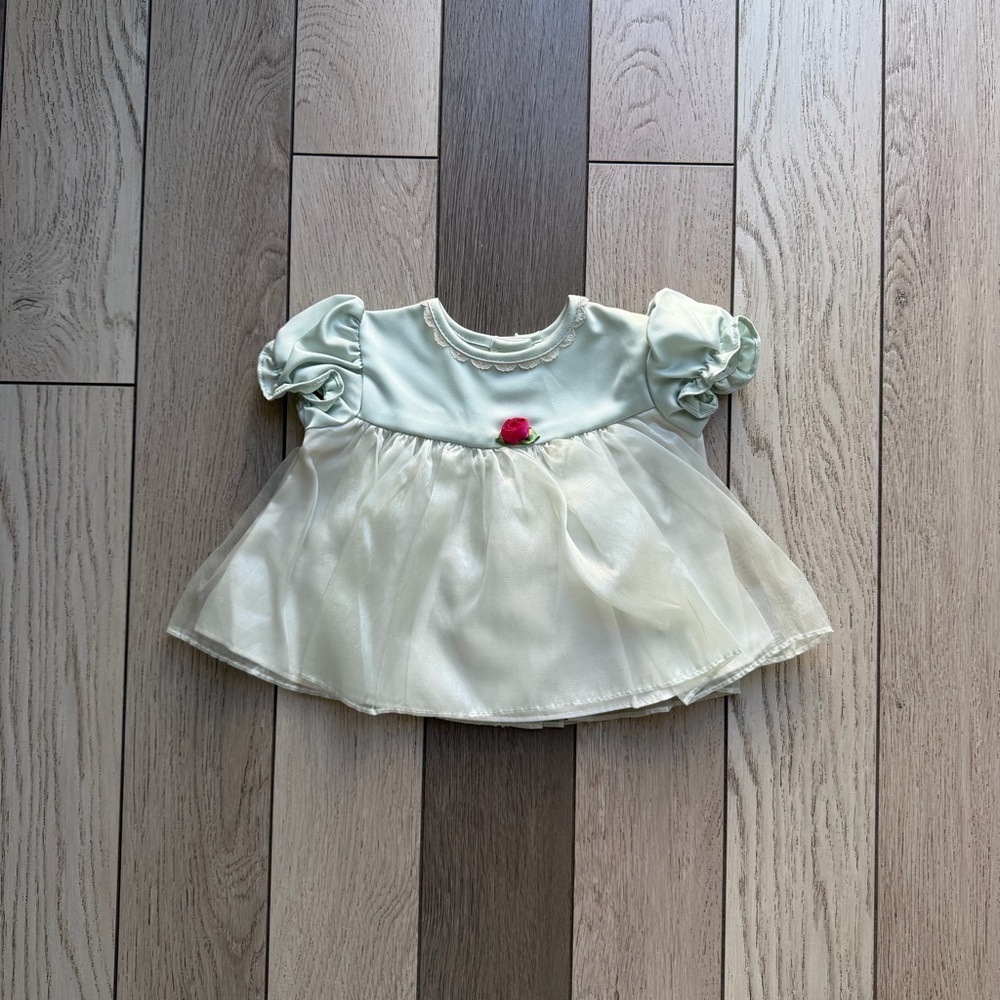 Vintage bright future Mint Green and Cream Baby Dress with Pink Accent